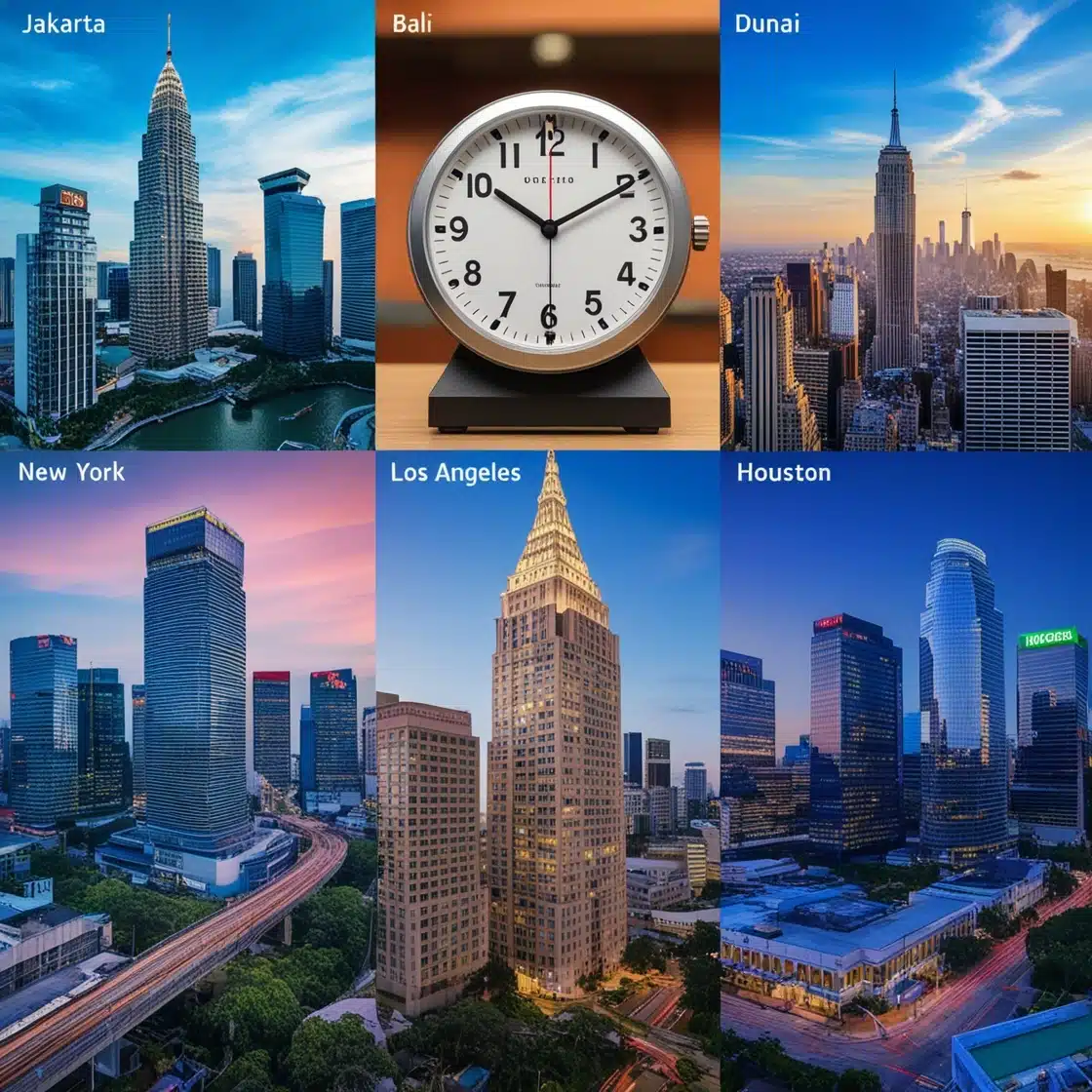 Jam digital menampilkan perbedaan waktu Indonesia dan Amerika di kota-kota dunia seperti Jakarta, Bali, New York, Los Angeles, dan Houston secara bersamaan