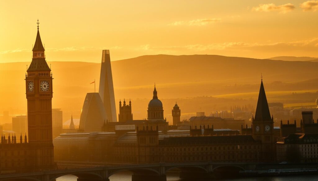 A breathtaking panoramic view of the United Kingdom's capital cities, highlighting the distinct time zones and their unique architectural silhouettes against a warm, golden sunset sky. In the foreground, the iconic Big Ben and the Palace of Westminster stand tall, casting long shadows across the River Thames. In the middle ground, the sleek skyscrapers of modern London are juxtaposed with the historic spires and domes of St. Paul's Cathedral. In the distant background, the rolling green hills of the English countryside recede into the horizon, hinting at the vast geographic expanse of the country. The image is bathed in a warm, golden-hour glow, evoking a sense of tranquility and timelessness, reflecting the diverse and interconnected nature of time within the United Kingdom.