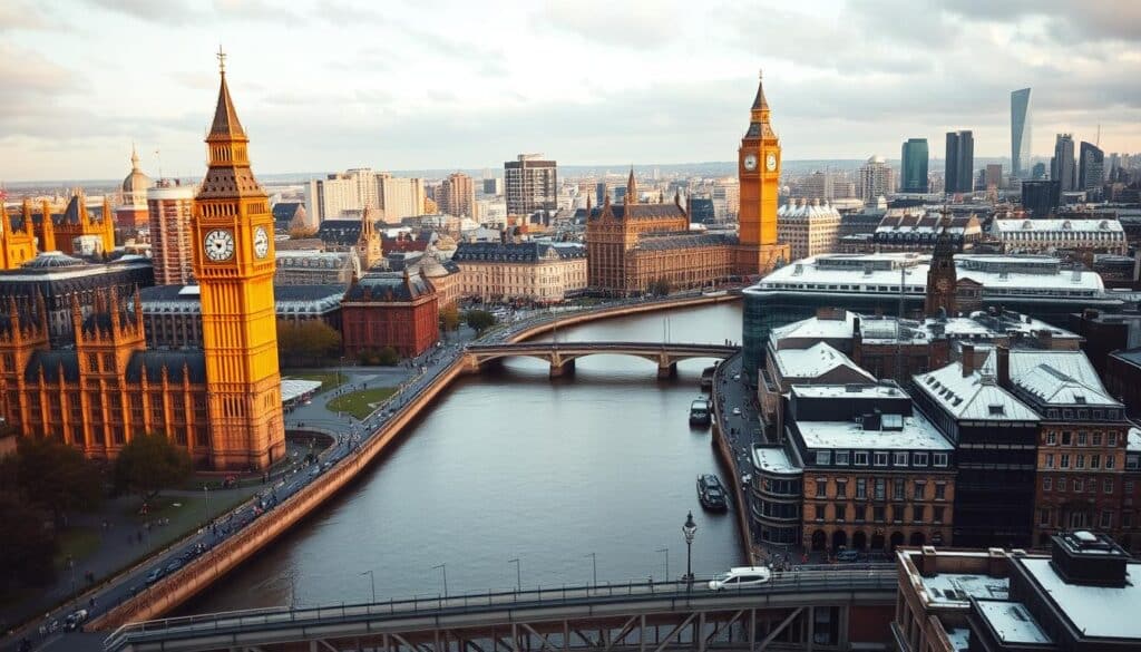 A bustling city skyline of London in summer and winter. In the foreground, a picturesque view of Big Ben and the Houses of Parliament, their iconic architecture bathed in warm golden sunlight. In the middle ground, the River Thames flows calmly, with people strolling along the South Bank. In the background, the skyline shifts to a wintry scene, with snow-dusted rooftops and a gray, overcast sky. The contrast between the seasons is stark, yet the city remains vibrant and alive, reflecting the dynamic nature of time in this global metropolis. Captured through a wide-angle lens, the scene conveys a sense of depth and grandeur, showcasing the timeless appeal of London throughout the year.