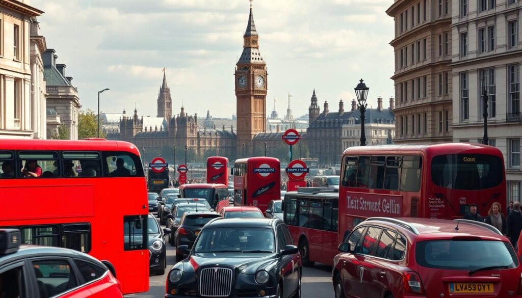 A bustling street scene in central London, showcasing the diverse public transportation options. In the foreground, a classic red double-decker bus navigates the crowded roads, its passengers visible through the windows. Surrounding it, a fleet of iconic black cabs weaves through the traffic, while commuters hurry along the sidewalks. In the middle ground, the distinctive silhouettes of the London Underground stations punctuate the urban landscape, their entrances bustling with activity. In the distance, the iconic spires and domes of historic landmarks like Big Ben and the Palace of Westminster rise above the skyline, lending a sense of timeless elegance to the scene. The lighting is natural and warm, capturing the vibrant energy of the city. Shot from a slightly elevated angle, the composition emphasizes the efficiency and accessibility of London's renowned public transportation system.