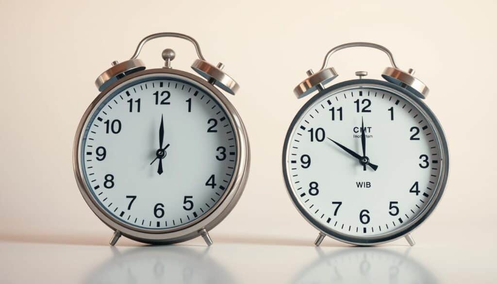 A detailed comparison of a Greenwich Mean Time (GMT) clock and an Indonesian Standard Time (WIB) clock, showcasing their distinct time readings against a sleek, minimalist backdrop. Capture the clock faces in a clean, symmetrical composition, with a warm, natural lighting scheme that accentuates the contrast between the two timekeepers. Convey a sense of precision and temporal awareness, emphasizing the importance of understanding time zone differences in a globally connected world.