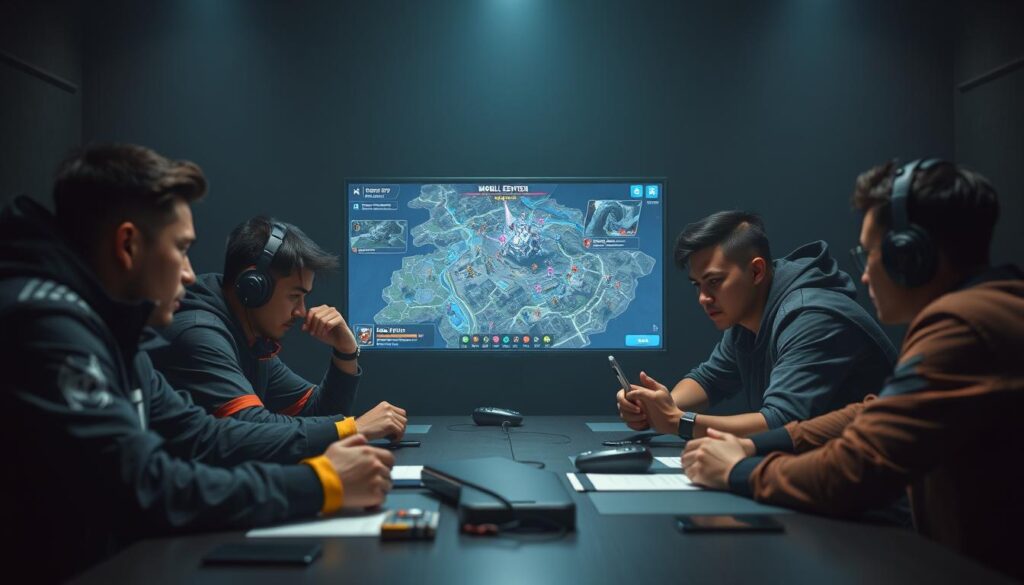 A group of Mobile Legends players in a dynamic gaming session, training and strategizing together. In the foreground, four players huddle around a table, intensely discussing tactics and game plans, their expressions focused and determined. In the middle ground, a large display screen shows the Mobile Legends map and character abilities, serving as a visual aid for their strategic discussions. The background is dimly lit, with subtle lighting that creates a serious, immersive atmosphere, emphasizing the players' dedication to honing their skills. The overall scene conveys a sense of camaraderie, intense focus, and a collaborative approach to improving at the game.