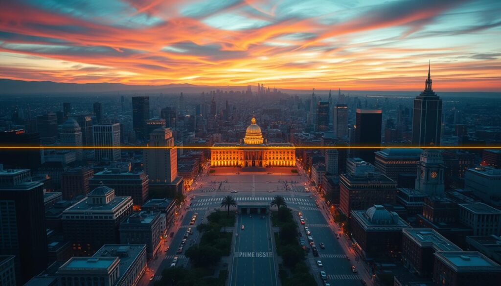 A panoramic cityscape of a major metropolitan area, with the prime meridian running through its heart. The foreground features bustling urban streets, lined with towering skyscrapers and historic landmarks. In the middle ground, a grand central square or plaza is illuminated by warm, golden light, creating a sense of civic importance. The background showcases a dramatic skyline, with the silhouettes of distant hills or mountains against a vibrant, dusky sky. The image should convey a sense of global significance, with the prime meridian acting as a unifying element that connects this city to the wider world. The overall composition should be balanced, dynamic, and visually captivating, reflecting the importance of this location in the global timekeeping system.