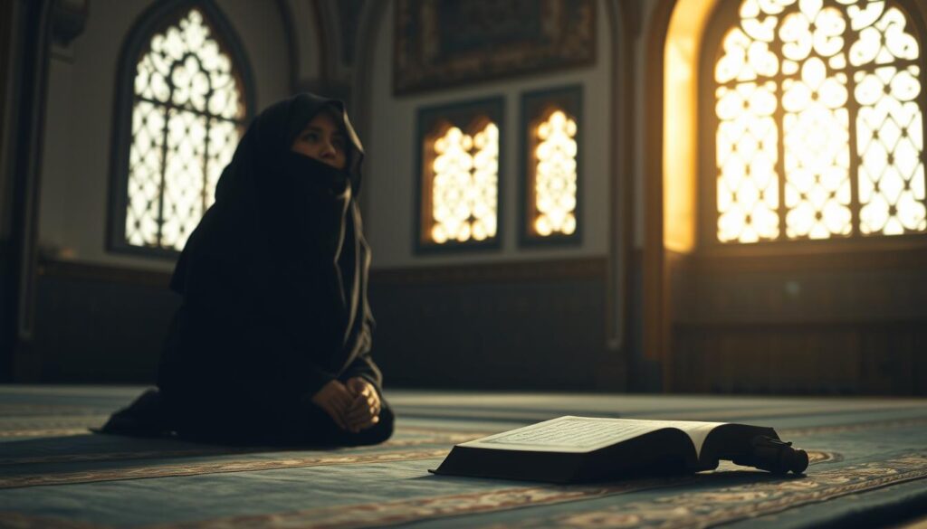 A serene, dimly lit scene depicting a devout Muslim person in deep contemplation. The foreground features the individual kneeling on a prayer rug, their face obscured by a hijab as they gaze upward with a look of reverence and determination. The middle ground showcases a softly glowing Quran resting on a wooden table, symbolizing the spiritual guidance sought during life's challenges. The background depicts a tranquil, ornate mosque interior with intricate arched windows casting a warm, golden light, conveying a sense of solace and divine presence. The overall atmosphere is one of introspection, resilience, and unwavering faith in the face of life's trials.