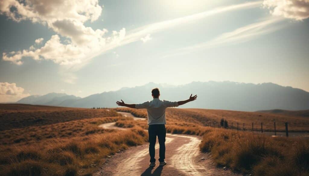 A serene, sun-dappled landscape with a winding path leading towards a distant, snow-capped mountain range. In the foreground, a lone figure stands resolute, face lifted towards the sky, arms outstretched in a gesture of faith and resilience. Warm, golden light filters through wispy clouds, casting a contemplative, hopeful glow over the scene. The figure's expression is one of quiet determination, embodying the journey of finding inner strength to overcome life's challenges. Soft, natural textures and muted colors lend an air of tranquility, inviting the viewer to pause and reflect on the power of faith and perseverance.
