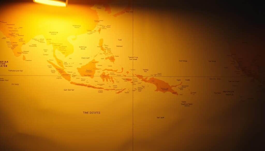 A vast world map, illuminated by warm, golden lighting, spanning the foreground. In the center, the silhouettes of the Indonesian archipelago and the contiguous United States stand in stark contrast, highlighting the geographic distance between the two nations. The middle ground features carefully labeled time zones, demonstrating the significant time difference between the two regions. The background is softly blurred, drawing the viewer's focus to the central comparison. The overall composition conveys a sense of scale, emphasizing the vast expanse between Indonesia and the United States, while the lighting and palette evoke a contemplative, educational tone.