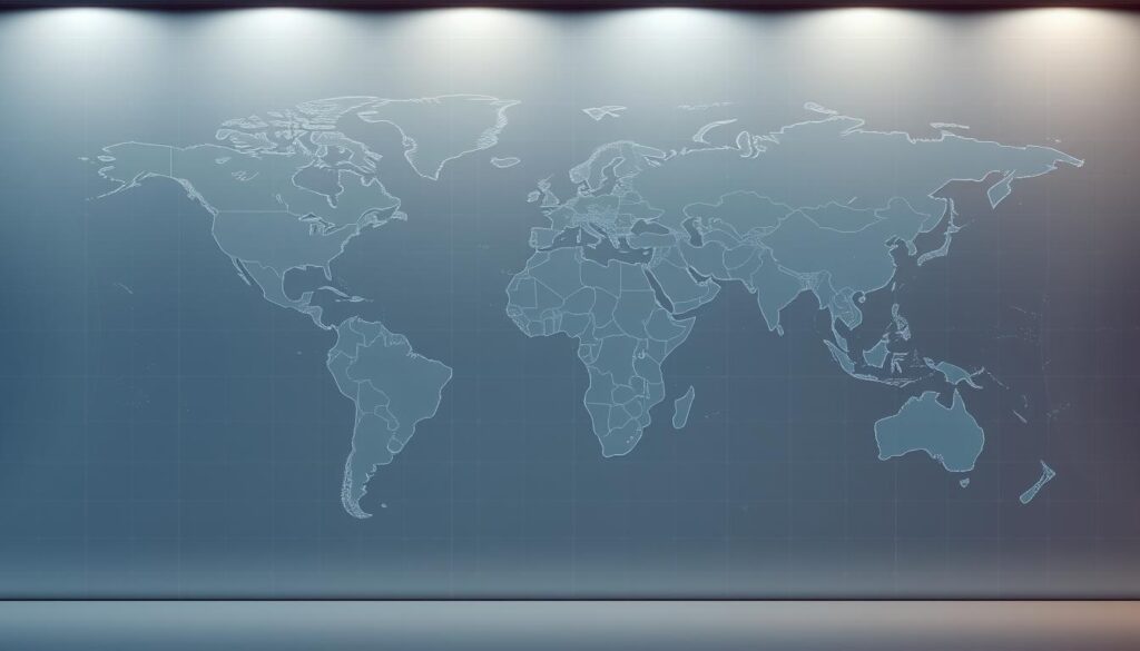 An expansive world map displayed on a sleek, modern interface, showcasing the intricate global time zones in a minimalist, data-driven aesthetic. The map is rendered with crisp, high-resolution detail, allowing the viewer to clearly discern the various time zones and their corresponding regions. The layout is clean and uncluttered, with subtle grid lines and muted color tones that draw the eye to the core information. Soft, diffused lighting casts a warm, ambient glow, creating a sense of depth and dimension. The overall mood is one of calm, authoritative clarity, perfectly suited to illustrate the function of GMT in the context of a global timekeeping system.