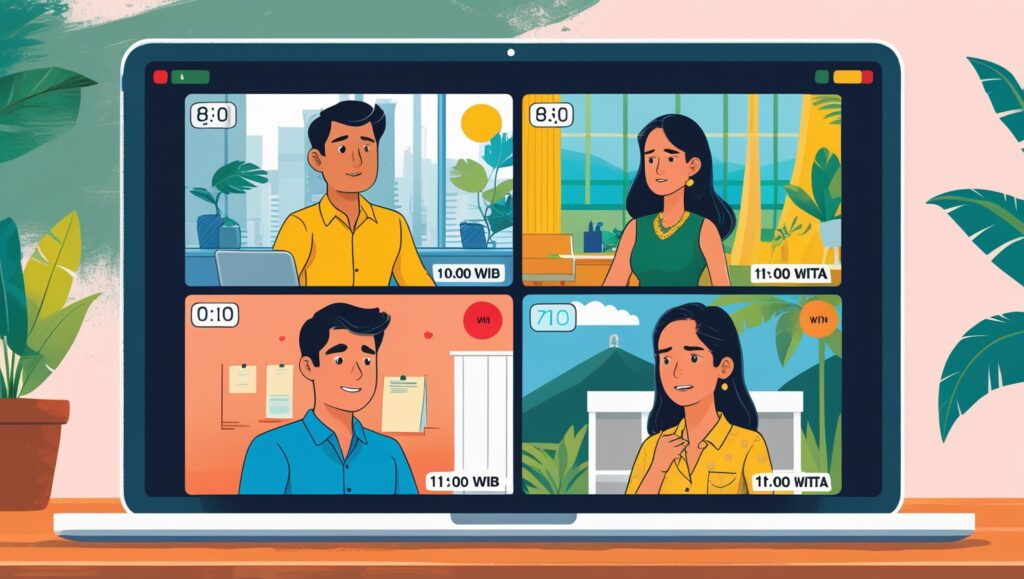 Ilustrasi meeting online menunjukkan perbedaan waktu antara partisipan di Jakarta (WIB) dan Bali (WITA) yang memengaruhi koordinasi.