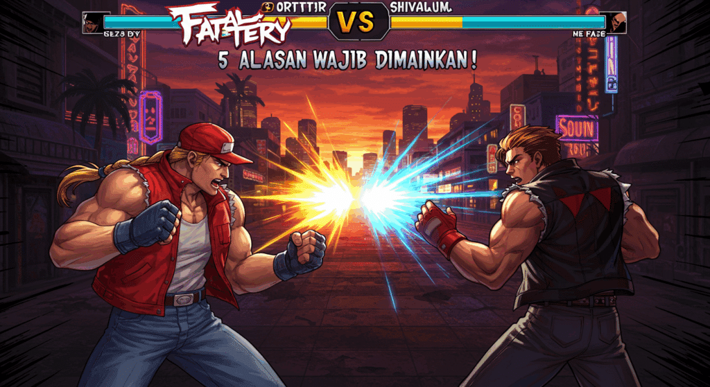 Terry Bogard dan Rock Howard berhadapan dalam pose pertarungan dramatis dengan latar belakang South Town dan logo Fatal Fury City of The Wolves