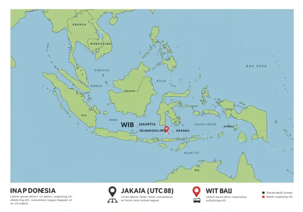 Peta zona waktu Indonesia yang menunjukkan lokasi Jakarta di zona WIB (UTC+7) dan Bali di zona WITA (UTC+8)