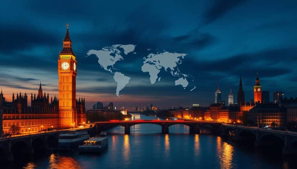 A breathtaking digital illustration depicting the striking contrast between the time zones of London and Indonesia. In the foreground, a serene landscape of iconic Big Ben and the River Thames, bathed in the soft golden glow of a London morning. In the middle ground, a stylized world map highlighting the geographical separation between the two cities, emphasizing the significant time difference. In the background, the silhouette of the Indonesian archipelago, shrouded in the deep indigo hues of a nighttime sky, creating a visually striking juxtaposition. The scene is captured with a cinematic, wide-angle lens, evoking a sense of scale and grandeur, and lit by a warm, diffused lighting that enhances the sense of depth and atmosphere.