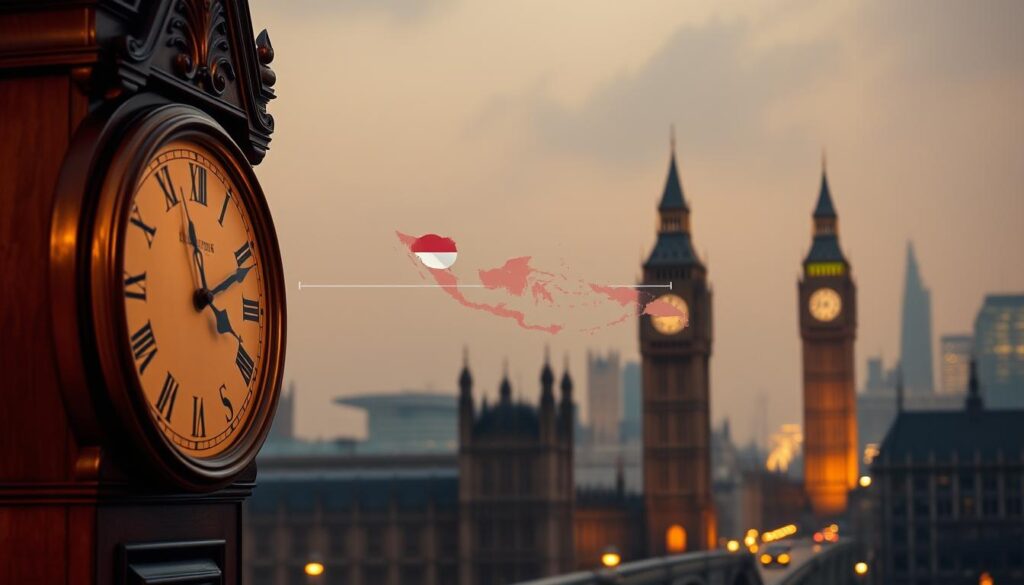 A cinematic scene depicting the time difference between Indonesia and London. In the foreground, a grandfather clock with hour and minute hands precisely capturing the time gap. In the middle ground, a world map with Indonesia and the United Kingdom highlighted, connected by an elegant line illustrating the time zone divide. The background features a dimly lit urban landscape of London, with iconic landmarks like Big Ben and the Houses of Parliament visible through the hazy night sky. The lighting is warm and golden, creating a sense of timelessness and transition between the two distant locations. The overall mood is one of contemplation and cultural awareness.