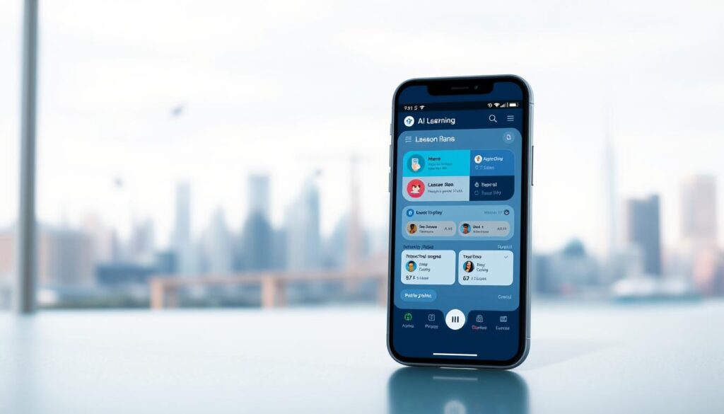 A clean, well-designed user interface depicting an AI-powered English learning application. In the foreground, a serene mobile device screen showcases the app's intuitive layout with colorful icons, interactive lesson plans, and a progress tracker. The middle ground features a network of interconnected nodes, symbolizing the AI's intelligent algorithms powering personalized learning. The background depicts a soft, blurred city skyline, conveying a sense of modern, urban sophistication. The lighting is soft and diffused, creating a calming, inviting atmosphere. The overall composition suggests a seamless, user-friendly experience that empowers learners to master the English language in an efficient, engaging manner.
