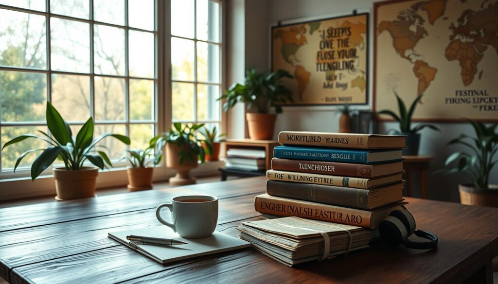 A cozy study nook with a soothing, natural light filtering through large windows. On a wooden desk, a stack of well-worn English language learning books, a pen and notepad, and a mug of steaming tea. The walls are adorned with inspirational quotes and maps of the world, creating an atmosphere of intellectual curiosity and global exploration. Potted plants and a pair of headphones add a touch of warmth and focus. The scene conveys a sense of tranquility and dedication to the fundamental process of mastering the English language.