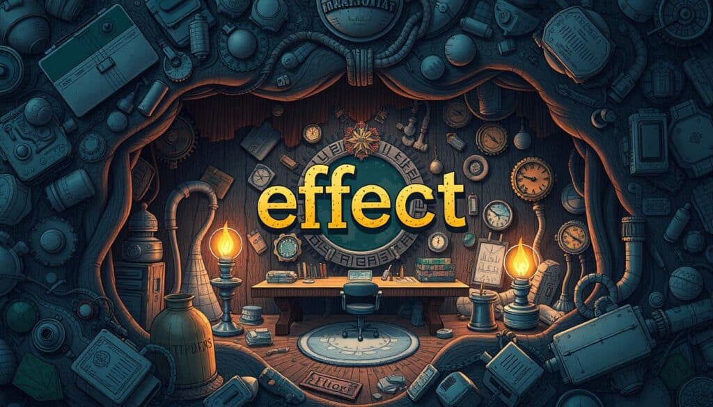 A detailed, intricate illustration depicting the concept of "effect" as a noun. Show a central object or scene representing the meaning of "effect" - perhaps a visual metaphor, a symbolic representation, or a realistic depiction of the word's definition. Surround this central focus with complementary elements that enhance the overall composition, such as supporting objects, textures, lighting, and atmospheric effects. Convey a sense of balance, clarity, and visual interest, with a cohesive style and color palette. The image should have a polished, professional aesthetic suitable for use in a high-quality educational article.