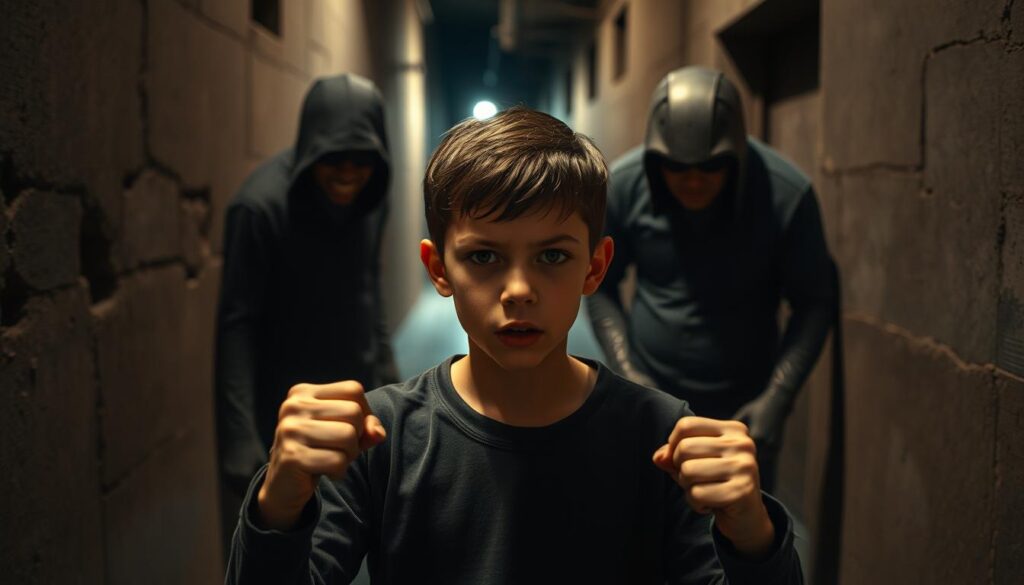 A gritty, high-contrast scene depicting a young person standing up to a group of bullies. The foreground shows the protagonist's determined expression, fists clenched, as they face off against the sneering, imposing figures of the bullies. The middle ground is slightly blurred, creating a sense of dramatic tension. The background is a dimly lit urban alleyway, with shadows and concrete walls suggesting a harsh, oppressive environment. The lighting is moody, with a mix of warm and cool tones, creating a palpable sense of conflict and resilience. The overall atmosphere is one of courage, defiance, and the refusal to be intimidated.