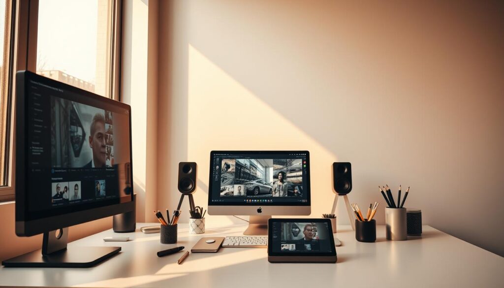 A highly detailed, wide-angle photograph of a modern, minimalist workspace with a desktop computer, tablet, and various stationery items arranged neatly. Warm, natural lighting filters through large windows, casting a soft glow over the scene. The workspace is situated against a plain, white wall, allowing the focus to remain on the technological tools used for editing and creating viral TikTok quotes. The overall atmosphere is one of productivity, creativity, and digital content creation.