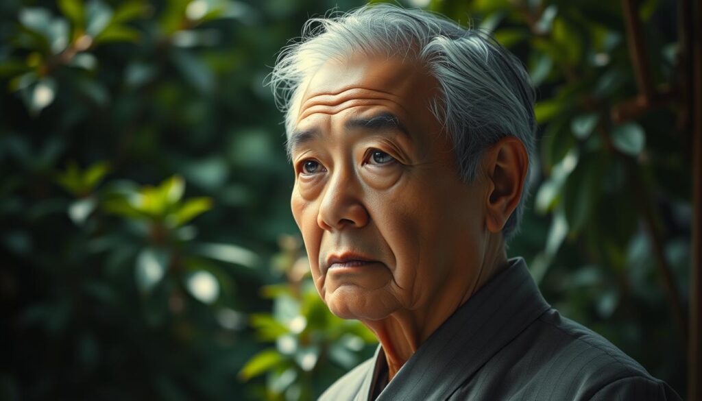 A pensive, middle-aged person with kind, thoughtful eyes gazes serenely against a backdrop of a lush, verdant garden. Soft, diffused natural lighting gently illuminates their face, conveying a sense of tranquility and inner wisdom. The figure is dressed in simple, elegant attire, reflecting a life of contemplation and service. The scene evokes a feeling of timeless inspiration, inviting the viewer to reflect on the sage counsel and humanitarian spirit of this influential global figure.