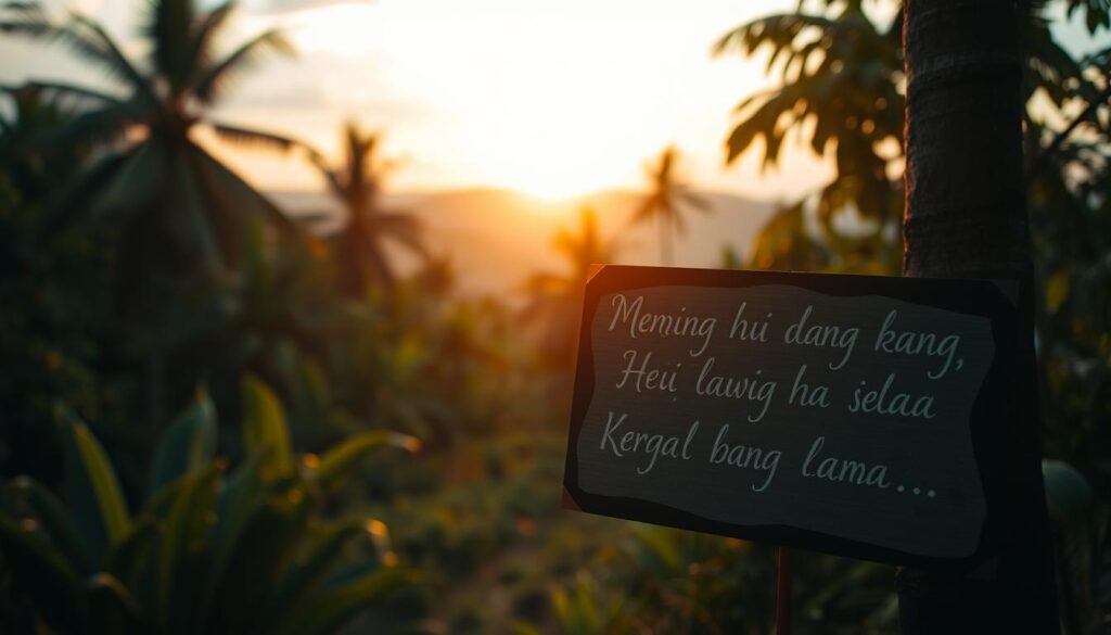 A picturesque scene of a serene Indonesian landscape, with lush tropical foliage and a golden sunset glow illuminating the horizon. In the foreground, a hand-lettered sign in a calligraphic Indonesian script, prominently displayed against a backdrop of soft, blurred focus. The sign conveys a romantic, poetic message, evoking a sense of beauty, nostalgia, and emotional connection. The composition is balanced, with the sign drawing the viewer's attention while the natural surroundings provide a harmonious, aesthetically pleasing context. The lighting is warm and diffused, creating a dreamlike, atmospheric ambiance that enhances the romantic, introspective mood of the image.