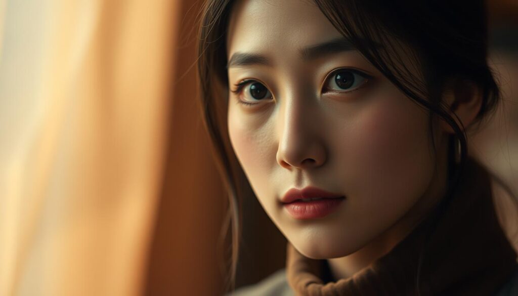 A portrait of Ae Soon, a character portrayed by the South Korean actress and singer IU. Ae Soon is depicted in the foreground, her expressive face capturing a thoughtful, introspective mood. The lighting is soft and diffused, highlighting the delicate features and warm, lifelike tones of her skin. The background is blurred and dreamlike, with hints of warm colors and gentle textures that complement the character's serene presence. The composition is carefully balanced, drawing the viewer's attention to Ae Soon's poignant gaze and the sense of quiet contemplation she projects. The overall aesthetic evokes a sense of intimacy and emotional resonance, befitting the character's role in the narrative.