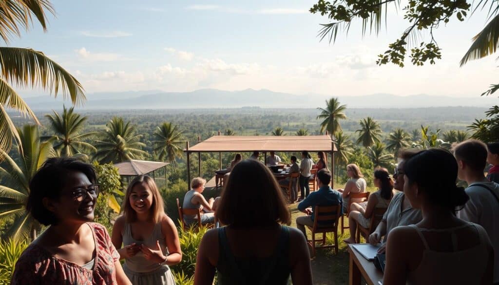 A scenic vista overlooking the lush, tropical landscape of Bali's WITA timezone. In the foreground, a group of people engaged in lively conversation, their faces alight with the joy of learning English in a relaxed, natural setting. The middle ground features a tranquil, shaded outdoor classroom, where students of all ages are immersed in interactive lessons, their attention rapt. In the background, the silhouettes of swaying palm trees and distant hills create a serene, inviting atmosphere. Warm, natural lighting filters through the scene, evoking a sense of calm and leisure. The overall mood is one of effortless learning, where the benefits of studying English are seamlessly integrated into the unique charm of Bali's WITA timezone.