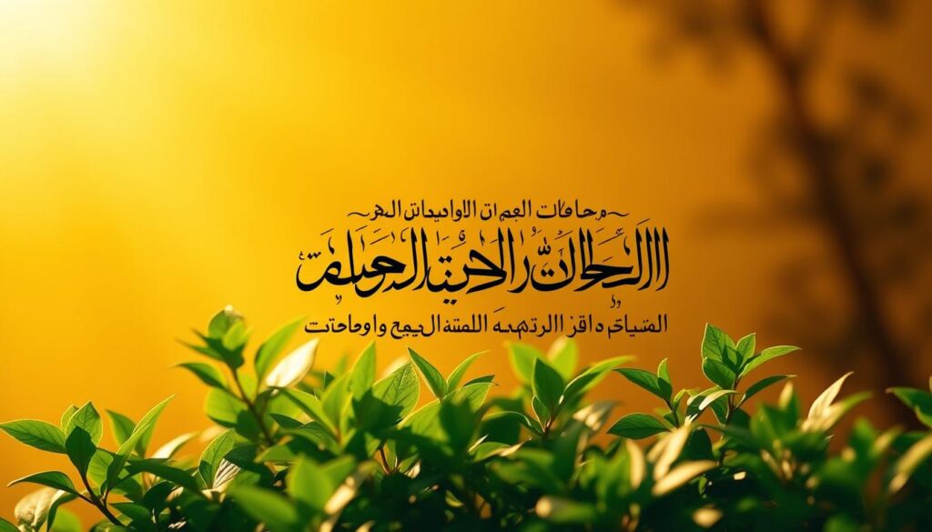 A serene Islamic calligraphic composition against a warm, golden backdrop. The centerpiece features elegant Arabic script with intricate flourishes, conveying a profound and inspiring message. Surrounding the calligraphy, lush, verdant foliage in shades of green, symbolizing growth and renewal. Gentle rays of light filter through, creating a tranquil, contemplative atmosphere. The composition is balanced, with a sense of harmony and spiritual resonance, inviting the viewer to reflect on the wise and uplifting words.