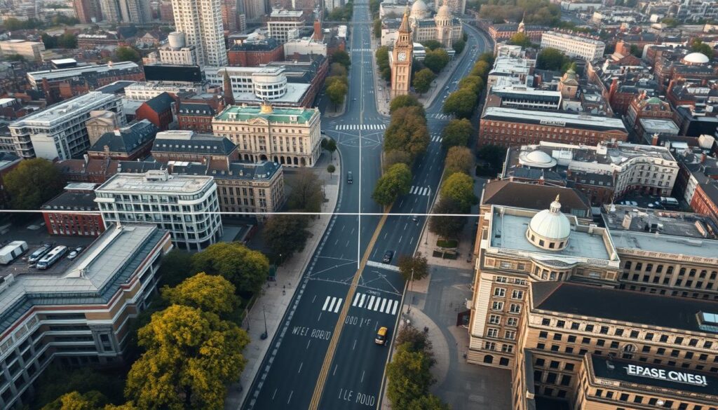 A serene aerial view of the Prime Meridian line in London, the iconic marker of the world's standard time zone. The line is depicted as a crisp, thin white band cutting through the bustling city streets, contrasting with the warm hues of the surrounding urban landscape. The image captures the intriguing geometric precision of this invisible yet significant landmark, inviting the viewer to ponder the global significance of this precise geographical location. Soft, diffused lighting creates a contemplative atmosphere, emphasizing the timeless significance of this unique feature of the city. The composition balances the linear meridian with the organic shapes of buildings, trees, and infrastructure, highlighting the interplay between the natural and the man-made.