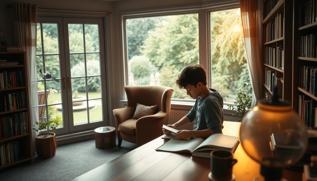 A serene study room with a large window overlooking a lush garden. In the foreground, a young person sits at a wooden desk, intently focused on a notebook and textbook, practicing their English speaking skills. The lighting is soft and warm, filtering in through the window, creating a cozy and inviting atmosphere. The middle ground features a cozy armchair and a bookshelf filled with language-learning resources. The background showcases the verdant garden, with a calming pond and a few birds in flight, creating a sense of tranquility. The overall scene conveys a peaceful and productive environment for a beginner to improve their English speaking abilities.