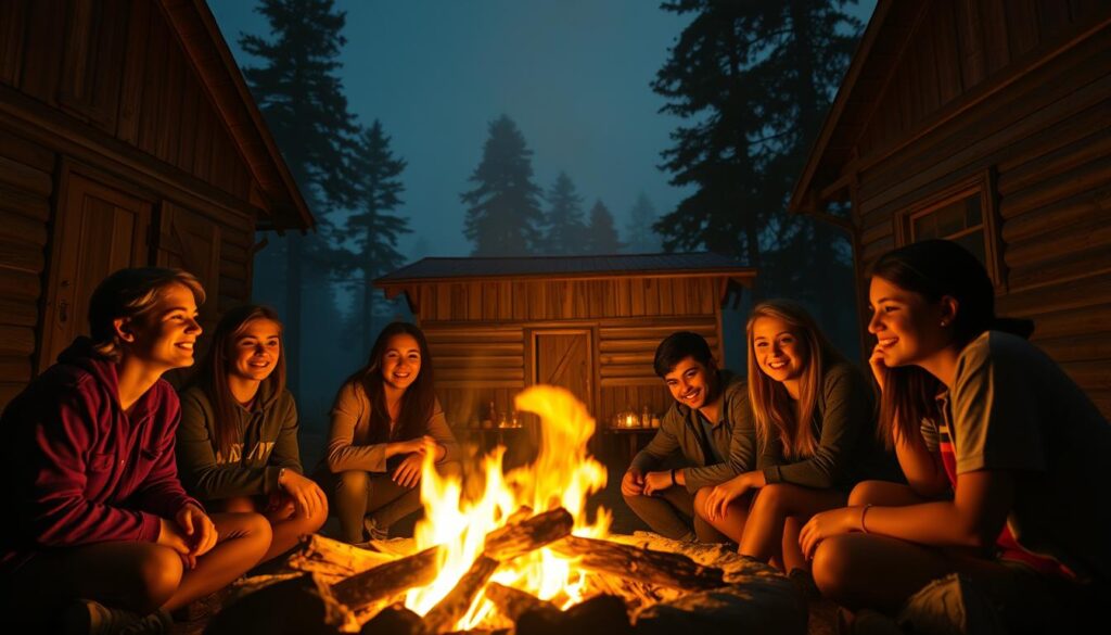 A vibrant, cinematic scene depicting a group of college students gathered around a campfire in a dimly lit, rural village setting. In the foreground, the young people sit together, their faces illuminated by the warm glow of the flames, expressions ranging from laughter to unease. Behind them, a rustic wooden structure stands as a backdrop, its weathered exterior suggesting an atmosphere of isolation and secrecy. In the distance, the silhouettes of towering trees and a mysterious, hazy sky create a sense of foreboding, hinting at the eerie, supernatural elements to come. The lighting is dramatic, with shadows and highlights accentuating the characters' emotions and the unsettling mood. Employ a wide-angle lens to capture the full scope of the scene, conveying a sense of unease and anticipation.
