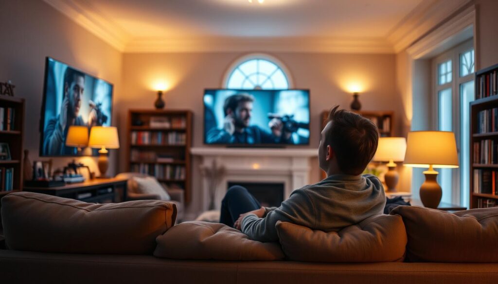 A well-lit living room with a cozy, inviting atmosphere. In the foreground, a person sits comfortably on a plush sofa, watching a movie on a large, high-definition television screen. Soft lighting from table lamps and a warm, diffused overhead light create a relaxed, focused environment. The person's expression is one of engagement and concentration, their body language suggesting an active learning process. In the background, bookshelves line the walls, hinting at a love of language and learning. The overall scene conveys the idea of an effective, immersive method for learning English through film, where the learner is fully absorbed in the experience.