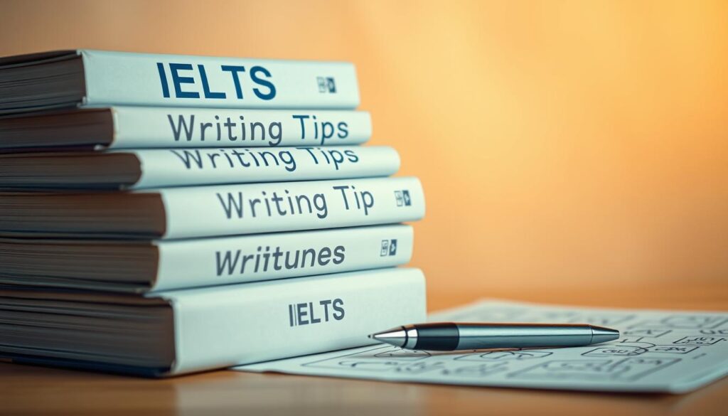 A well-lit, warm-toned image of a stack of books, papers, and a pen against a soft, blurred background. The books have the text "IELTS Writing Tips" prominently displayed on their covers. The papers appear to be filled with handwritten notes and diagrams. The pen is positioned as if it has just been used to write something. The overall composition is balanced and visually appealing, conveying a sense of study, focus, and preparation for the IELTS exam.