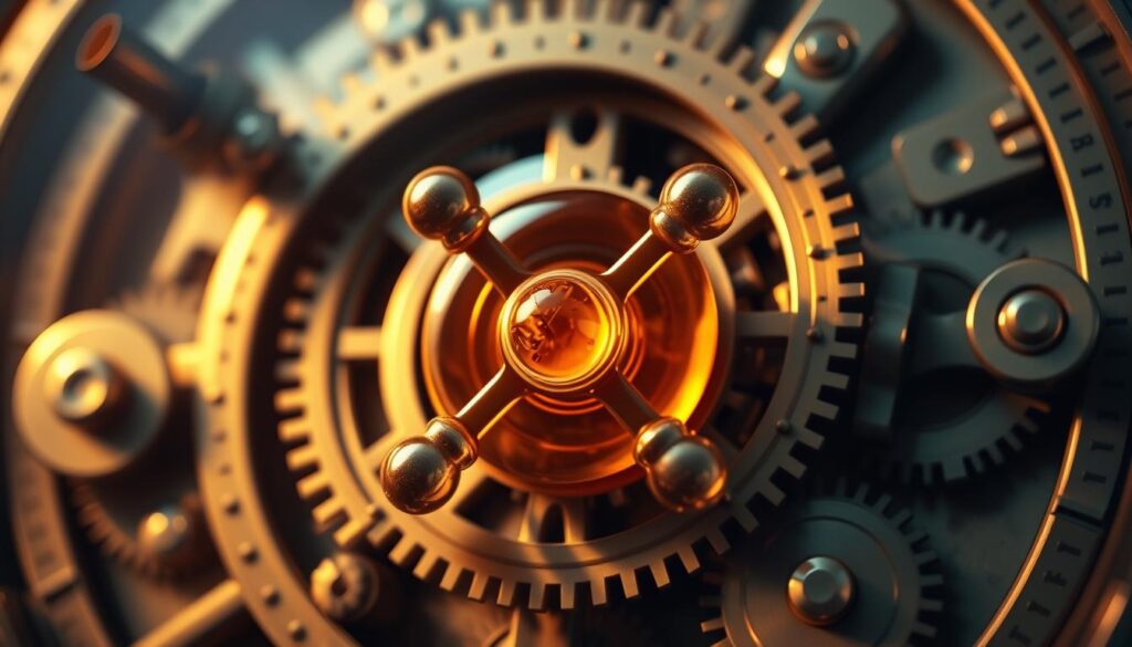 Detailed photorealistic image of a jam atom, with a molecular structure at the center, surrounded by intricate mechanical gears and cogs representing the inner workings of a clock or chronometer. The atom is depicted with a warm, amber hue, casting a soft glow across the metallic components. The lighting is dramatic, creating a sense of depth and dimension, with strategic shadows and highlights accentuating the complexity of the design. The overall composition conveys a harmonious blend of organic and inorganic elements, symbolizing the precise, time-keeping nature of the UTC system.
