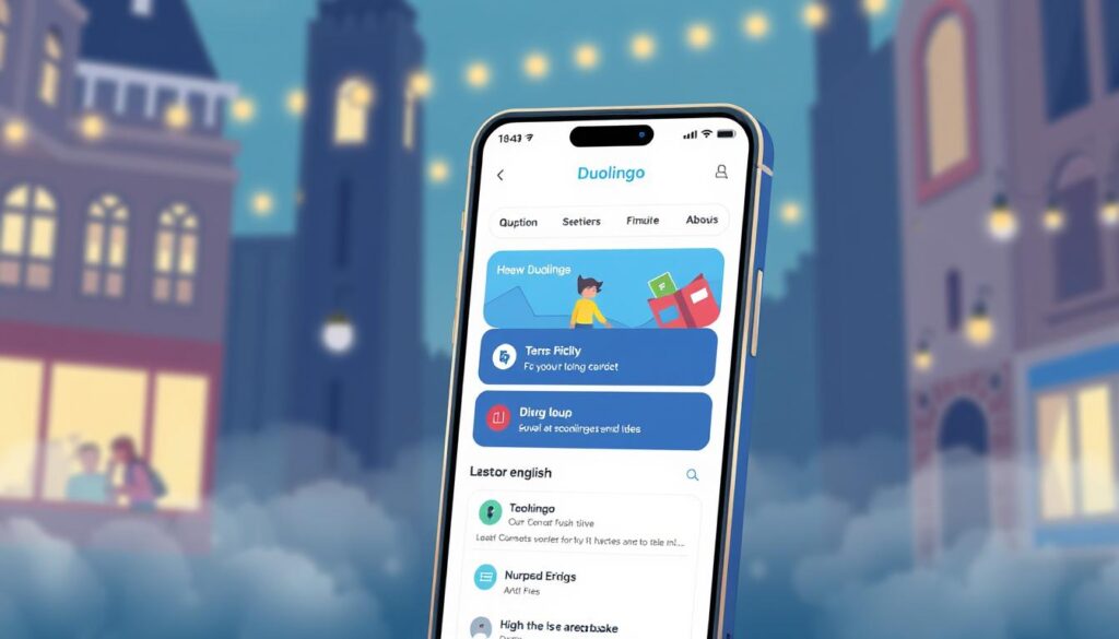 Gambar aplikasi Duolingo dengan antarmuka yang menarik dan berbagai pilihan pelajaran bahasa Inggris