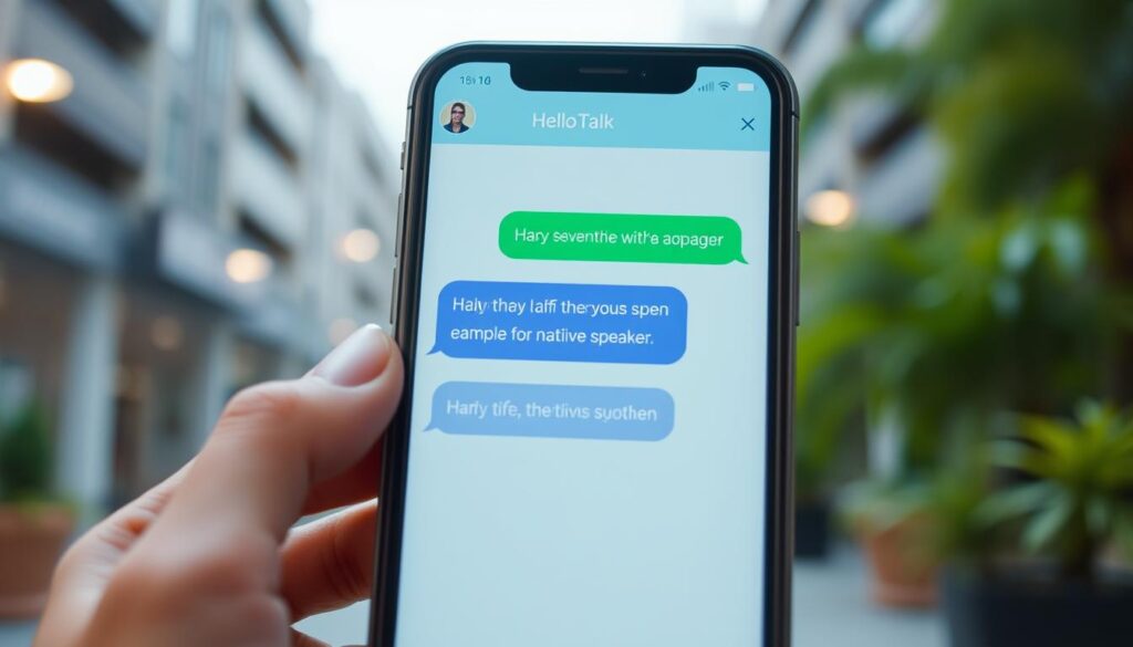 Gambar aplikasi HelloTalk dengan contoh percakapan dengan penutur asli