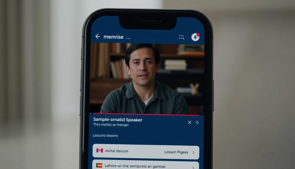 Gambar aplikasi Memrise dengan contoh video penutur asli dan pilihan pelajaran