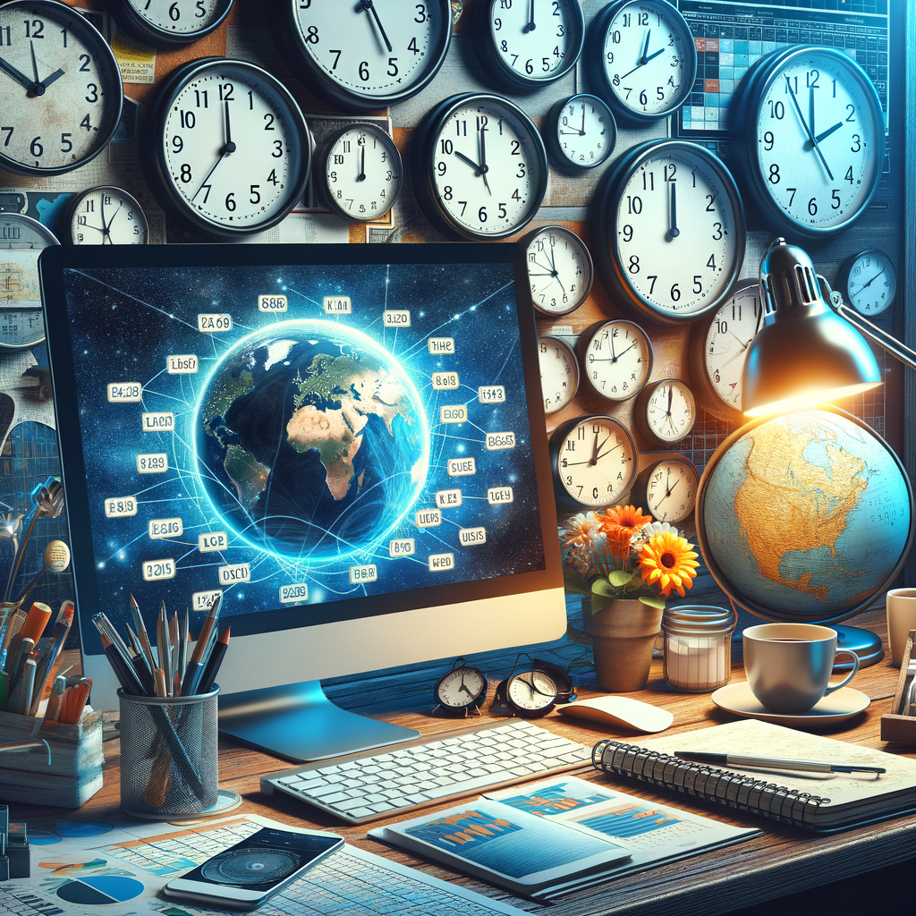 Ilustrasi timeline horizontal enam kolom zona waktu Amerika dengan blok warna biru muda menunjukkan jam kerja inti 3 jam
