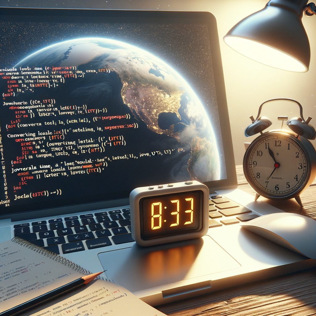 Close-up photo of JavaScript code converting local time to UTC, featuring clear details and realistic lighting.
