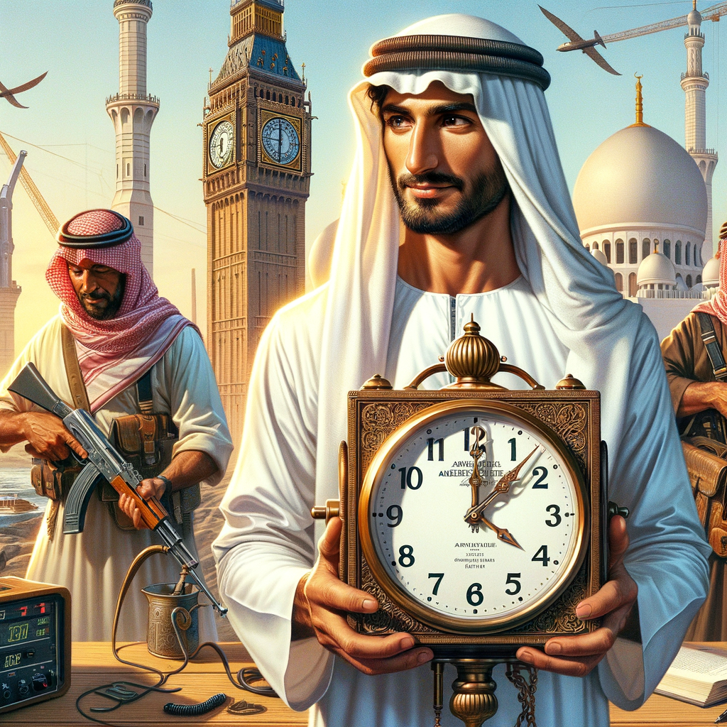 Jam dinding bergaya Arab dengan angka Arab dan jarum yang menunjukkan waktu shalat, dilengkapi dengan kalender Hijriah untuk membantu konversi waktu ibadah