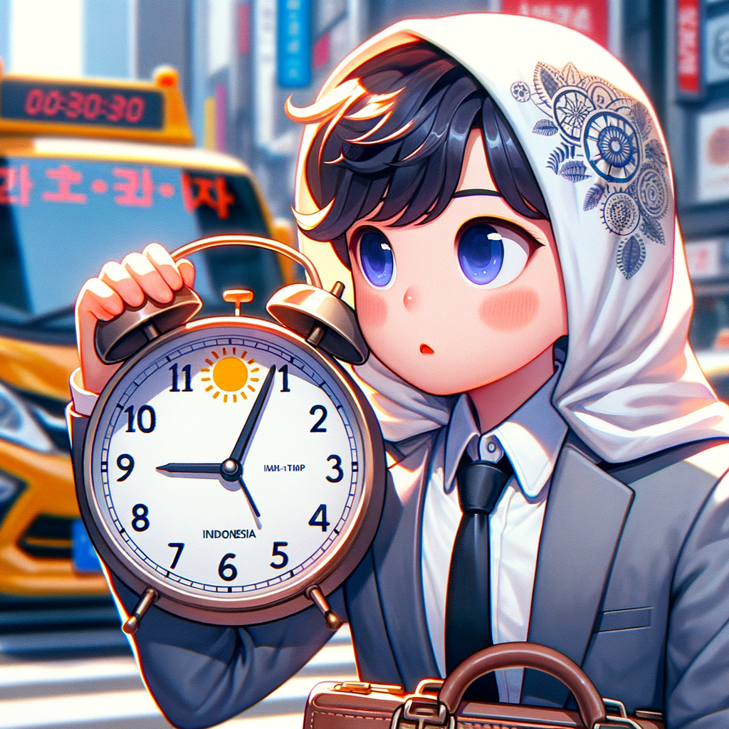 Perbandingan jam dinding antara Jakarta dan Seoul, detail jernih, pencahayaan alami.