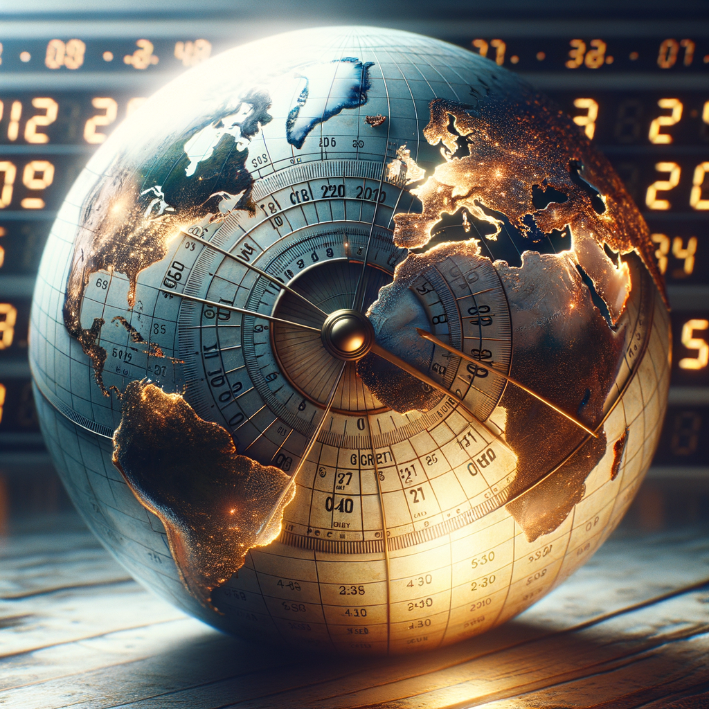 Close-up photo of a detailed analog clock showing UTC and GMT time zone differences.