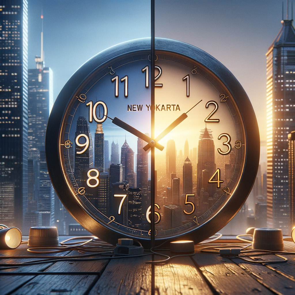 Perbandingan jam dinding antara New York dan Jakarta, close-up, detail jernih, pencahayaan alami.
