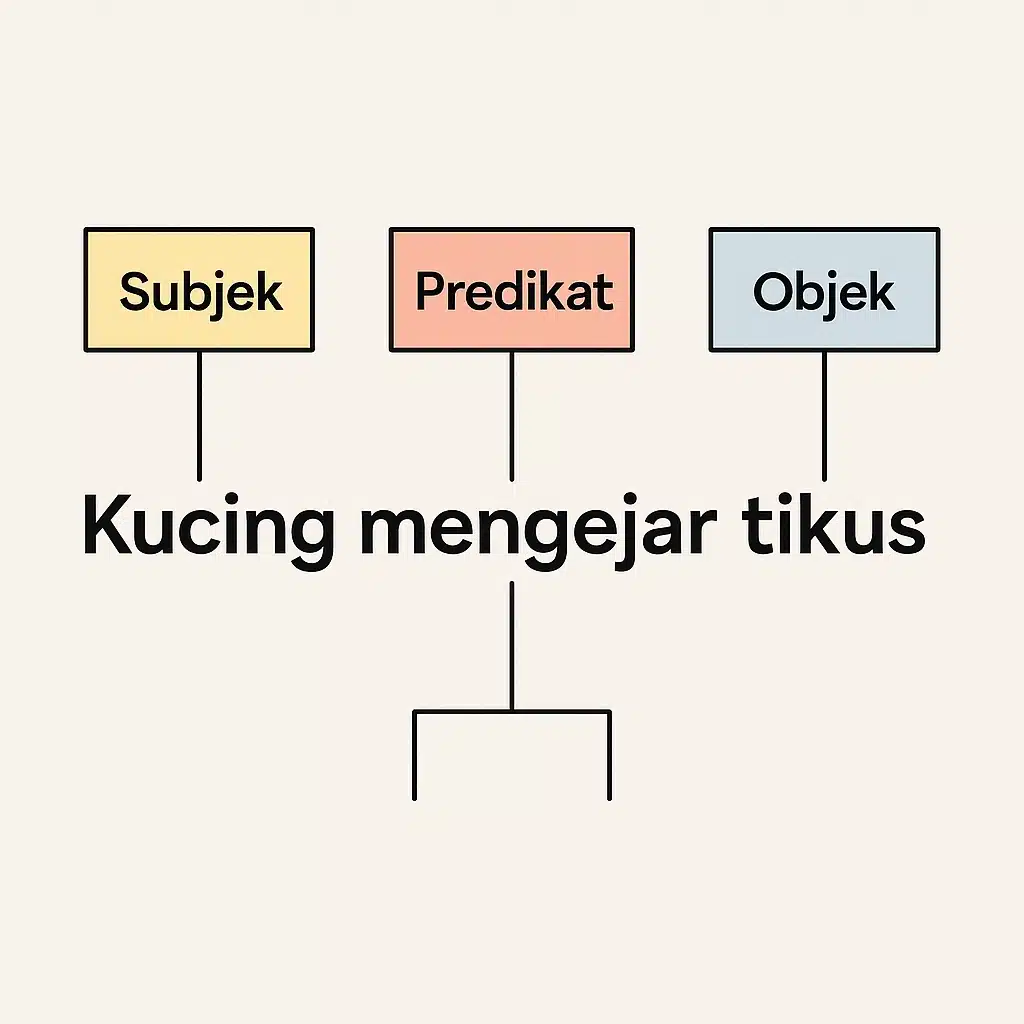 Diagram visual yang memecah kalimat 'Kucing (Subjek) mengejar (Predikat) tikus (Objek)' menjadi komponen-komponennya, struktur kalimat S-P-O.