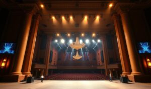 A captivating concert venue, its grand facade illuminated by warm spotlights, inviting the audience to an unforgettable musical experience. Majestic columns flank the entrance, leading to a spacious interior with plush seating and impeccable acoustics. Towering ceilings and elegant chandeliers create a sense of grandeur, while the stage is set with state-of-the-art sound and lighting equipment, ready to showcase the most talented performers. The venue exudes an air of sophistication, blending classic architectural elements with modern amenities, ensuring a truly memorable concert-going experience.