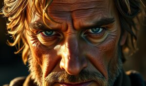 A close-up portrait of Paul Atreides, the protagonist of Dune, undergoing a dramatic transformation. His once youthful features have matured, with a rugged, weathered expression that conveys the weight of his experiences. Piercing blue eyes gaze with determination, hinting at the immense power and responsibility he now carries. Warm, natural lighting illuminates the intricate details of his face, casting subtle shadows that accentuate the character's evolution. The background is softly blurred, keeping the focus entirely on the captivating transformation of this iconic science fiction hero.