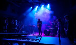 A dimly lit jazz club, the stage bathed in cool blue and purple hues, a lone saxophonist stands center stage, fingers dancing across the keys with virtuosic precision. The audience sways gently, drawn into the hypnotic rhythms and soaring melodies. In the foreground, a cluster of sleek, modern instruments - a keyboard, a drum kit, a bass guitar - hint at the innovative, genre-blending nature of this performance. The background is shrouded in a hazy, atmospheric mist, suggesting the avant-garde, experimental nature of this "jazz modern" sound.