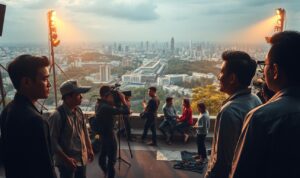 A dynamic, cinematic film set in the vibrant heart of Indonesia. In the foreground, a group of actors rehearsing a pivotal scene, their expressions conveying the emotional weight of the narrative. The middle ground showcases the bustling film crew, cameras rolling, lighting rigs illuminating the set. In the background, a stunning panoramic view of Jakarta's skyline, the city's iconic architecture and lush greenery creating a captivating, immersive backdrop. Soft, warm lighting casts a golden glow, enhancing the sense of drama and storytelling. The overall atmosphere exudes a palpable energy, capturing the essence of Indonesia's thriving film industry and its ability to adapt literary works into captivating cinematic experiences.