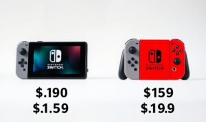 A high-quality, detailed image of two side-by-side hybrid gaming consoles, the Nintendo Switch OLED model and the regular Nintendo Switch, showcasing their physical differences and price points. The consoles are presented in a clean, minimalist setting with soft, diffused lighting, allowing their design and features to be the focal point. The image should convey a sense of comparison and analysis, highlighting the significant differences in screen size, form factor, and pricing between the two models. A high-quality, detailed image of two side-by-side hybrid gaming consoles, the Nintendo Switch OLED model and the regular Nintendo Switch, showcasing their physical differences and price points. The consoles are presented in a clean, minimalist setting with soft, diffused lighting, allowing their design and features to be the focal point. The image should convey a sense of comparison and analysis, highlighting the significant differences in screen size, form factor, and pricing between the two models.