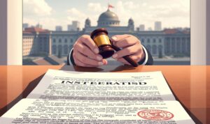 A high-resolution digital illustration depicting the concept of "copyright regulations" in Indonesia. The scene shows a detailed document or legal contract in the foreground, with its text and seal visible. In the middle ground, a pair of hands holding a gavel or stamp, symbolizing the enforcement of these regulations. The background features a cityscape or government building, hinting at the institutional context. The lighting is soft and directional, casting subtle shadows that add depth and dimension to the composition. The overall mood is one of professionalism, authority, and the rule of law.
