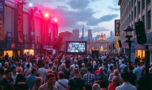 A lively festival atmosphere at a global film event, with a diverse crowd of cinema enthusiasts gathered under vibrant lights and colorful banners. In the foreground, a dynamic mix of filmmakers, critics, and movie-goers mingle and discuss the latest cinematic works. The middle ground features a large outdoor screen projecting film clips, surrounded by bustling activity and energy. In the background, a cityscape backdrop with iconic architectural landmarks sets the stage for this celebration of international filmmaking. The scene conveys a sense of cultural exchange, artistic exploration, and the universal power of cinema to bring people together.