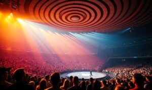A lush, vibrant stage adorned with a vast array of concentric circular structures, resembling an intricate membership konser setting. Warm, soft lighting bathes the scene, creating an intimate and inviting atmosphere. In the foreground, a group of concertgoers eagerly awaits the performance, their expressions filled with anticipation. The middle ground showcases a sleek, modern stage design with a subtle geometric pattern, complementing the circular motifs. The background features a sweeping, panoramic view of the venue, hinting at the grand scale of the event. The overall composition exudes a sense of exclusivity and premium experience, perfectly capturing the essence of a membership konser.